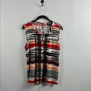 Karl Lagerfeld Women’s Multicolor Striped Blouse with Black Lace Sz L Lace Chic